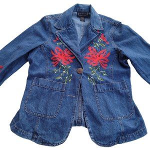 New Direction Blue Jean Jacket Beaded Embroidery Flowers READ
